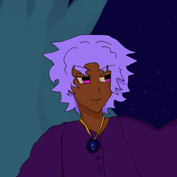 konna with wavy short lavender hair is looking toward a mysterious individual to her right with a small smile. she has fuchsia eyes, brown skin, and wears a dark violet loose-sleeved shirt with heart buttons. upon her is a gold necklace with a blue locket that has an aqua moon with vague hearts-and-or-wings on its upper and lower sides, and surrounding that blue is darker blue wavy craftmanship. behind her is part of a lit-up aquamarine tree and behind that is a very starry dark blue night sky.