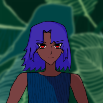 antonio in the middle with shoulder-length blue like waves hair, red eyes, brown skin and a mysterious smile, wearing a dark blue sleeveless shirt with line-like folds. 