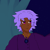 konna with wavy short lavender hair is looking toward a mysterious individual to her right with a small smile. she has fuchsia eyes, brown skin, and wears a dark violet loose-sleeved shirt with heart buttons. upon her is a gold necklace with a blue locket that has an aqua moon with vague hearts-and-or-wings on its upper and lower sides, and surrounding that blue is darker blue wavy craftmanship. behind her is part of a lit-up aquamarine tree and behind that is a very starry dark blue night sky.
