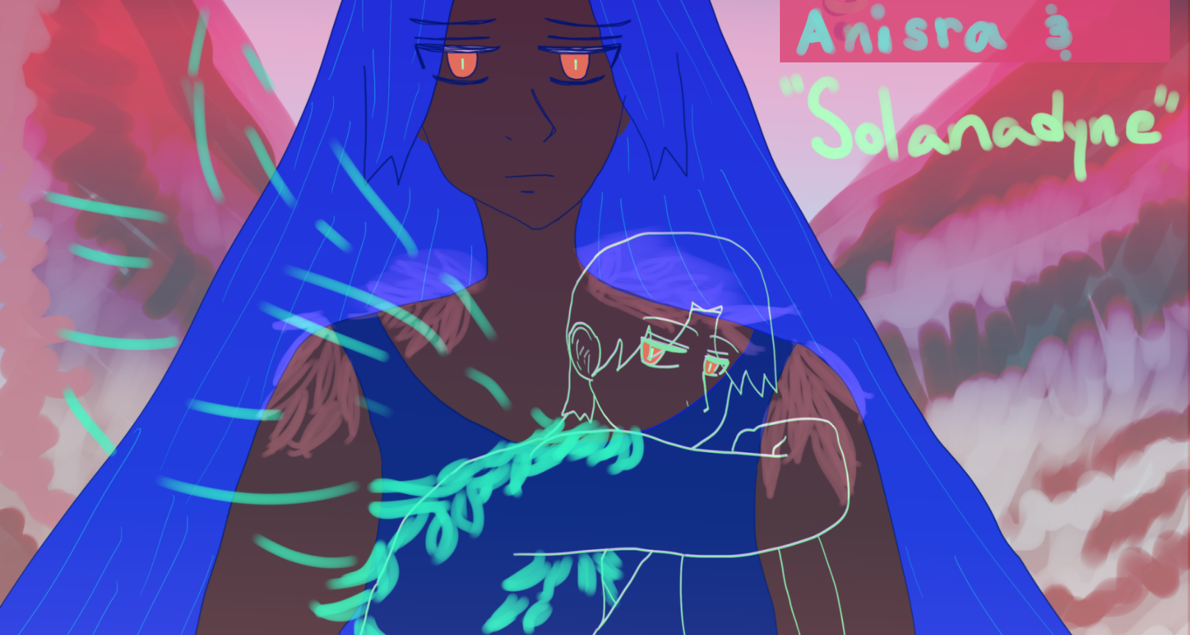 Anisra with elaborate wings and a morose expression. she has long falling blue hair and dark brown skin, as well as orange irises. In front of her is Solanadyne with short hair, shirtlessness, and short hair.