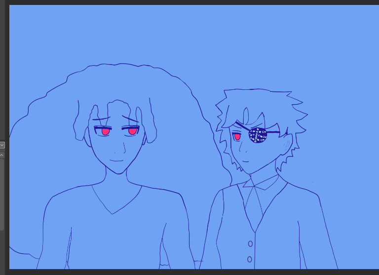 Image description: wip sketch where alia atif-akinyemi smiles shyly over at layla with drawn brows and a sure smile. she has a lot of curls implied around her and currently wears a v-neck shirt. layla seems determined while smiling back. layla has her usual black eyepatch with esoteric symbols, short wavy hair, and wears a suit. both have red eyes and a red eye. End image description.