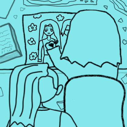 20 or 21-year-old chibi antonio in his messy study drawing alejandro surrounded by flowers for some reason next to a familiar figure (himself). raj is looking on.
