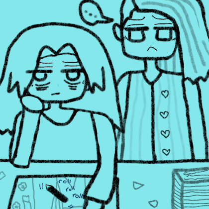 antonio with a rougish fall of hair looks like he hasn't slept, eyes gaunt. he has his face in one hand. the pen is rolling away from the drawing. raj looks upset and contemplative behind him, with a dot dot dot in his speech bubble.