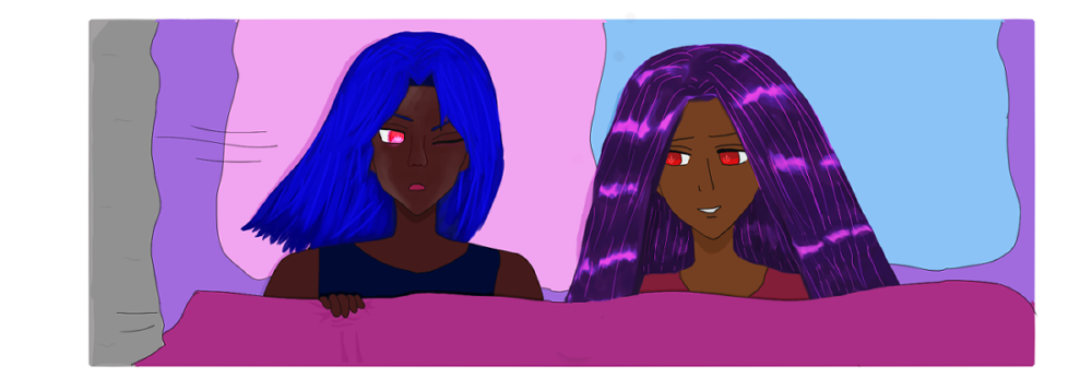 Current extremely slow progress of coloring Antonio Chandrani-Rivera and Alejandro Altaha. They lie in bed next to each other. Antonio has blue hair like waves that is more vivid and with proper strands, glowing fuchsia eyes, and glares a little with an eye closed at Alejandro Altaha. His face has a lot more painterly technique than usual. Alejandro Altaha is cheery, with red eyes, light bronze skin, a red shirt, and he gives with a small grin right at Antonio. His hair has a particular violet hair color with pink-violet shine (the rest of him isn't worked on in a painterly way). Their bed is lavender and Antonio is on a pink pillow and Alejandro on a baby blue pillow. Antonio hurriedly pulls a pink blanket over them.