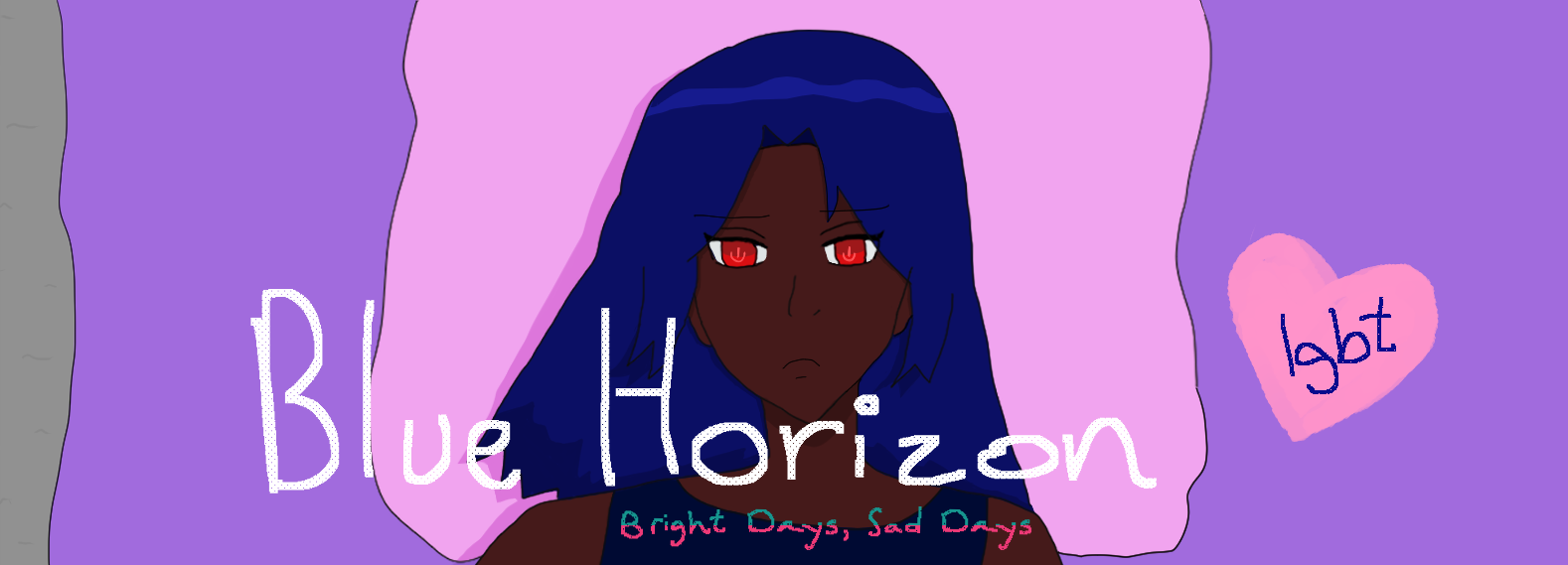 An anxious-looking Antonio with a pouty frown staring at the ceiling while lying in a lavender sheet-covered bed, head atop a pink pillow. He has dark blue hair like waves and dark brown skin, and his eyes are a glowing supernatural red. He wears a blue tanktop. It says "Blue Horizon" and LGBT in a heart.