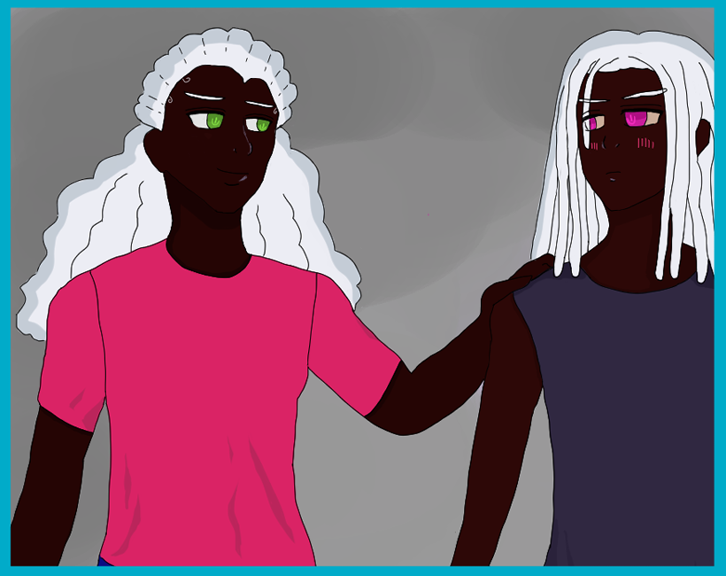 even though leo has his hand on khaleel's shoulder and is smiling, he appears a bit distanced. khaleel is blushing deeply. they are both dark-skinned black boys with anime silver hair. leo has curly hair tied up and anime spring green eyes while khaleel has anime fuchsia eyes.
