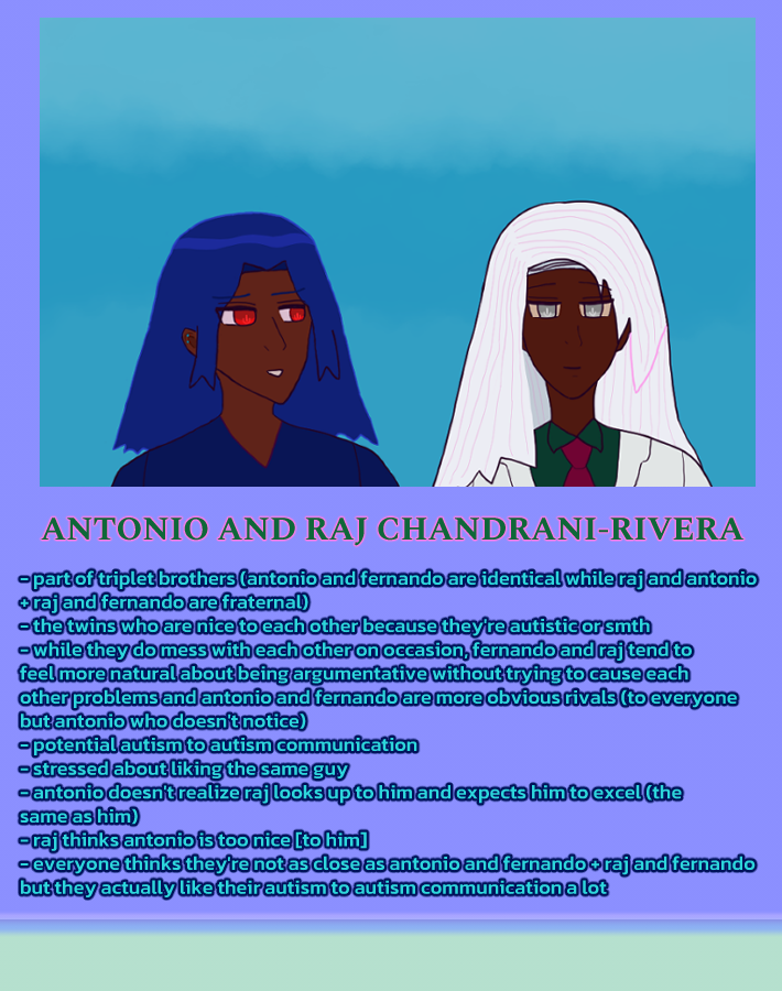 image: Fraternal twin Antonio with blue hair like waves, red-brown skin and red eyes smiles awkwardly but happily at Raj, who has silver hair, dark brown skin and silver eyes, and is smiling softly back. Antonio wears a dark blue shirt and Raj wears a white suit with dark green shirt and vermilion red tie. The background is a soft blue sky. text: antonio and raj chandrani-rivera