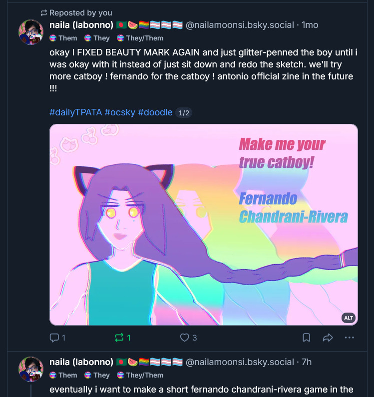 catboy '80's anime fernando going 'make me your true catboy!' and it says 'fernando chandrani-rivera'