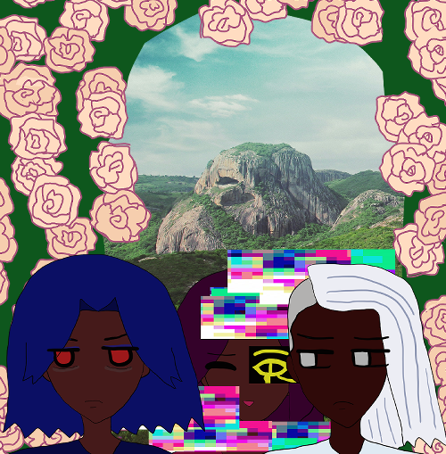 the triplets are in front of amazing rock formations surrounded and covered by greenery in brazil. pink-white roses fall everywhere behind them with a mimicked green rose arch similar to armando and ranvir's in their older age rose arch art.
