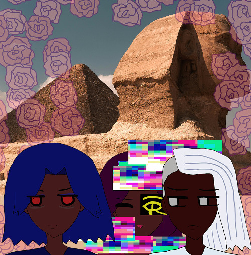 the triplets are in front of the side-facing famous egyptian sphynx and its nearby pyramid, both sandy rock formations sculpted by human hands. the day is a bit dark. the sphynx is a lion-pharaoh-cat-human-looking being. antonio's frowning and not getting any sleep with red eyes irritated and brows drawn. he has blue hair like waves. behind him is a strange fernando who is glitching and smiling but has the eye of horus in gold in front of his left eye. raj is frowning as he stares at antonio next to him with dark brown skin and falling silver hair that's flipped. transparent pink fall everywhere behind them.