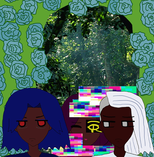 the triplets are in front of amazing greenery of forest in bangladesh. teal blue roses fall everywhere behind them with a mimicked light green rose arch similar to armando and ranvir's in their older age rose arch art.
