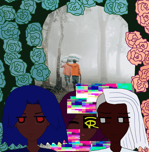 the triplets are in front of a foggy forest with two bangladeshi men in orange jackets and blue-white lungi walking with bags of food or the like on their head. teal blue roses on the left and pink-orange roses on the right fall everywhere behind them with a mimicked dark green rose arch similar to armando and ranvir's in their older age rose arch art.