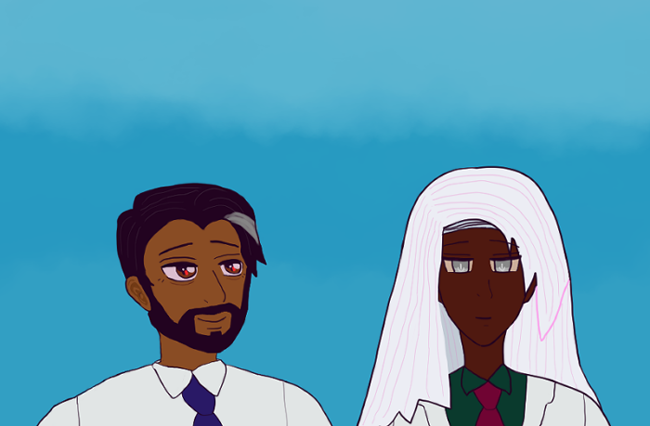 armando looks gently right at raj with light bronze skin and dark eyes with red specks in them. he wears a crisp white shirt with tie. Raj, who has silver hair, dark brown skin and silver eyes, and is smiling softly back. Raj wears a white suit with dark green shirt and vermilion red tie. The background is a soft blue sky.