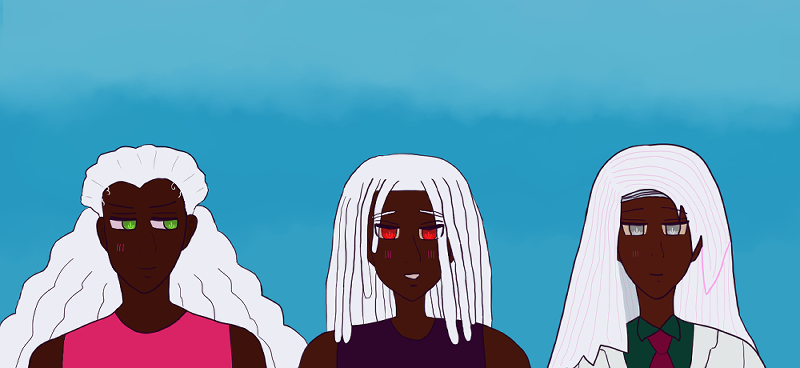 Leo is smiling with a blush toward Khaleel, who's particularly blushing next to Leo and Raj, and yet looks more confident than either Leo and Raj, who are smiling softly at him. Leo has falling silver curls tied back, spring green eyes, dark brown skin, and wears a red shirt. Khaleel has falling silver dreads, red eyes, dark brown skin, and wears a dark shirt. Raj has falling straight silver hair around his shoulders and a part of his bangs stylishly cut, dark brown skin, silver eyes, and wears a white suit with green shirt and magenta-ish red tie.