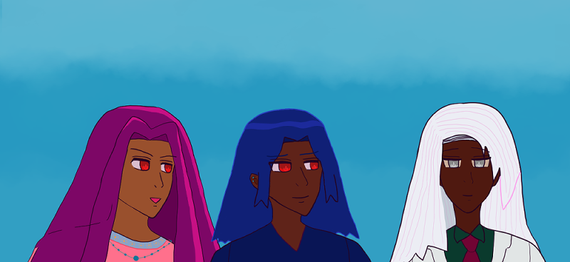 Fraternal twin Antonio with blue hair like waves, red-brown skin and red eyes smiles warmly at Raj, who has silver hair, dark brown skin and silver eyes, and is smiling softly back. Antonio wears a dark blue shirt and Raj wears a white suit with dark green shirt and vermilion red tie. The background is a soft blue sky. Friend Alejandro is at Antonio's side with soft fall of long violet hair that's implied black, red eyes and light bronze skin. He looks very cheery and like he's chattering. He wears a pink tunic with aqua shirt collar lining and yellow sun images printed on it. Alejandro wears an teal-colored beaded necklace and Antonio wears two teal-colored circular earrings.