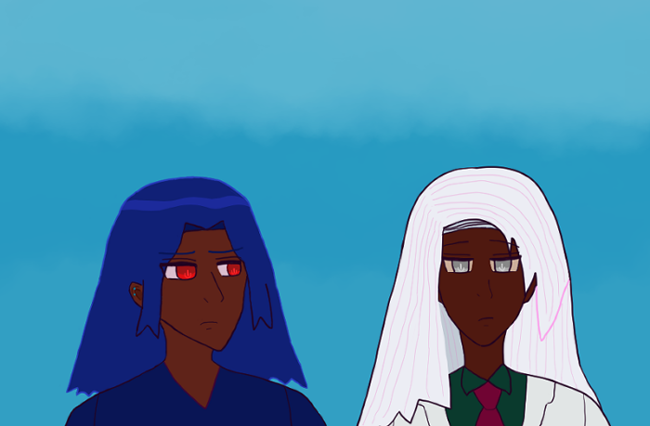 Fraternal tiwn Antonio looks upset at Raj's side, staring right at him. Raj is frowning in a slightly broody way, though he seems to want to communicate. Antonio has blue hair like waves, red-brown skin and red eyes. Raj has silver hair, brown skin and silver eyes. Antonio wears a dark blue shirt and Raj wears a white suit with dark green shirt and vermilion red tie. The background is a soft blue sky.