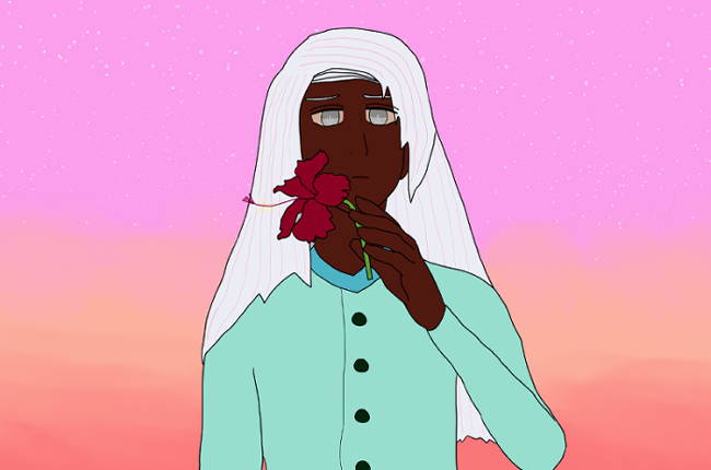 Raj appears depressed while staring down at a roughed up, elder hibiscus flower with a quiet frown. He has falling silver hair, dark brown skin, silver eyes and wears a panjabi that's mint green with green buttons. The background is a starry pink evening falling into orange clouds.