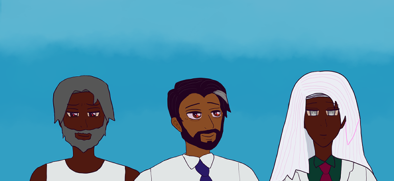 ranvir and armando look at their son raj softly. ranvir has gray hair and a gray beard, dark brown skin and dark eyes with red specks in them. he wears a white undershirt; he looks very like raj. armando looks gently right at raj with light bronze skin and dark eyes with red specks in them. he wears a crisp white shirt with tie. Raj, who has silver hair, dark brown skin and silver eyes, and is smiling softly back. Raj wears a white suit with dark green shirt and vermilion red tie. The background is a soft blue sky.