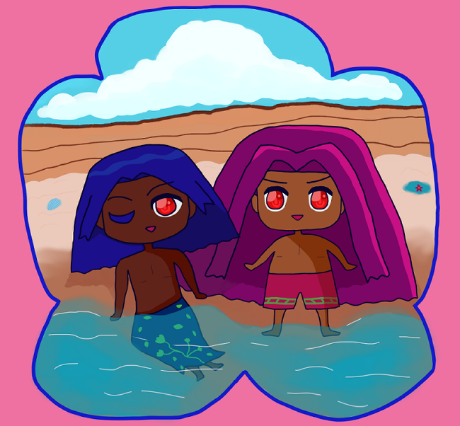 antonio chandrani-rivera with blue hair like waves, brown skin, and red eyes is relaxing in a dark blue lungi with bright green leaf designs by the beach with alejandro with red eyes, light bronze skin, long violet hair that stands for black hair. he appears gung-ho and is wearing pinkish red swim trunks with small angular green designs at the bottom. there's a cliff behind them and white cloud against bright blue skies. on the beach by alejandro there's a aqua blue pool with a pink flower in it and on the other side by antonio there's a light blue shell.