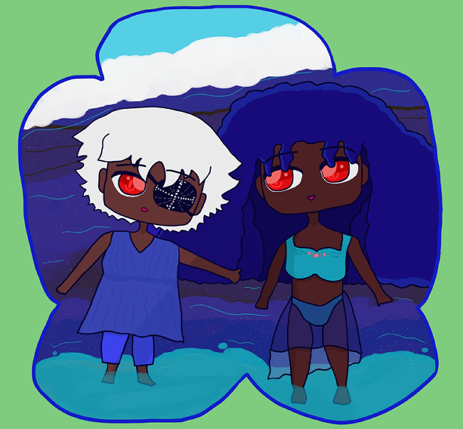 layla chandrani with wavy silver hair, brown skin, a red eye and an esoteric black eyepatch is reachingwith a worried expression toward alia atif-akinyemi with red eyes and dark blue curls that fall all over. alia atif-akinyemi is smiling. layla is wearing a mostly-covering dress-like periwinkle swimsuit with shorts and lined design-work that implies waviness of the cloth. alia is wearing a two-piece teal swimsuit with an opaque skirt. there's an immense dark blue oceanic wave behind them with starriness showing within that alia seems to be twisting and has a wave crest to it. there's a beach implied to be behind them.