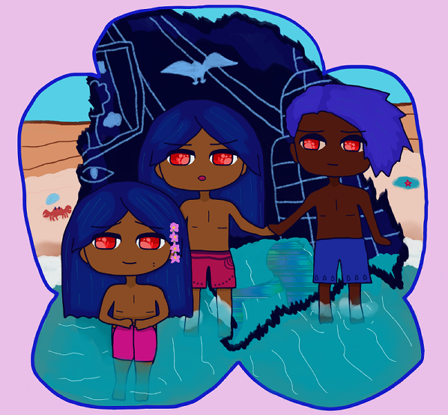 armando and ranvir are holding hands. armando has red eyes, long dark blue hair that stands for black, and light bronze skin. he wears red swimtrunks. ranvir has red eyes, an overgrown flipped blue undercut look, and dark brown skin. ranvir's looking at armando extremely affectionately, while armando seems to either be enjoying ranvir holding his hand or just experiencing emotions in general. armando's identical twin antonio is smiling. his main difference point are the two moles at the bottom right of his cheeks. he's smiling softly at the camera as it were. they're at the beach with a crab, shell and little pool with a flower EXCEPT...there's an immense shadow that leads into a place that's the implication of a world that's created by armando's mind, with a floating window showing a tree and clouds, an eye floating underneath, a road with a seagull flying above it, and a stepped pyramid-like building at one side.