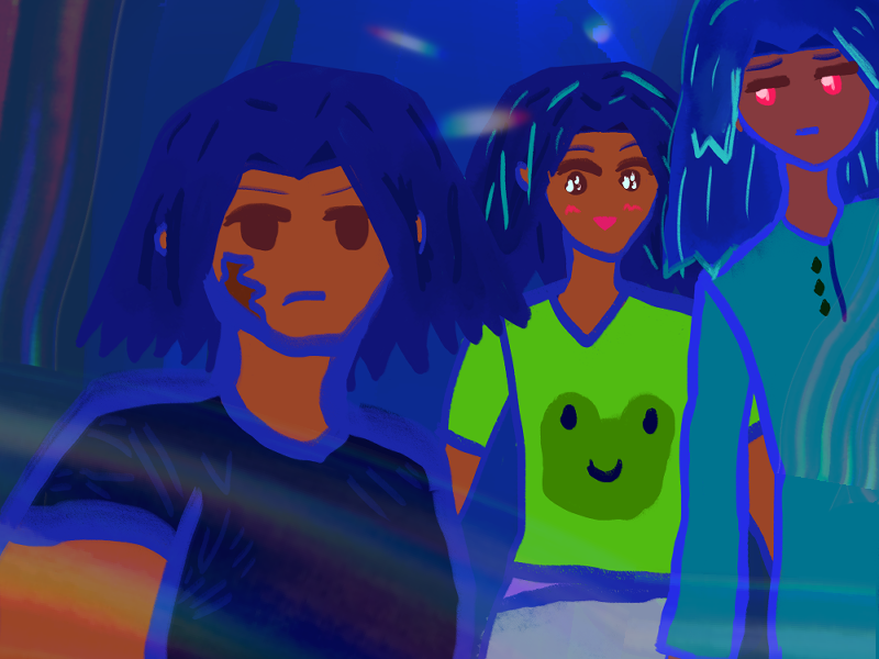 Art alt-text begins. There are two Antonio characters from the 2010's and 2020's who look like each other, one older holding onto his phone, and one with sparkling eyes behind him. They have lighter brown skin and brown eyes. By them is our typical Antonio Chandrani-Rivera with red eyes and brown skin. They are all taking a selfie. 2020's Antonio's expression is muted and frowning, 2010's Antonio is excited, and far-future Antonio Chandrani-Rivera with his red eyes is worried or fed up. Art alt-text ends.