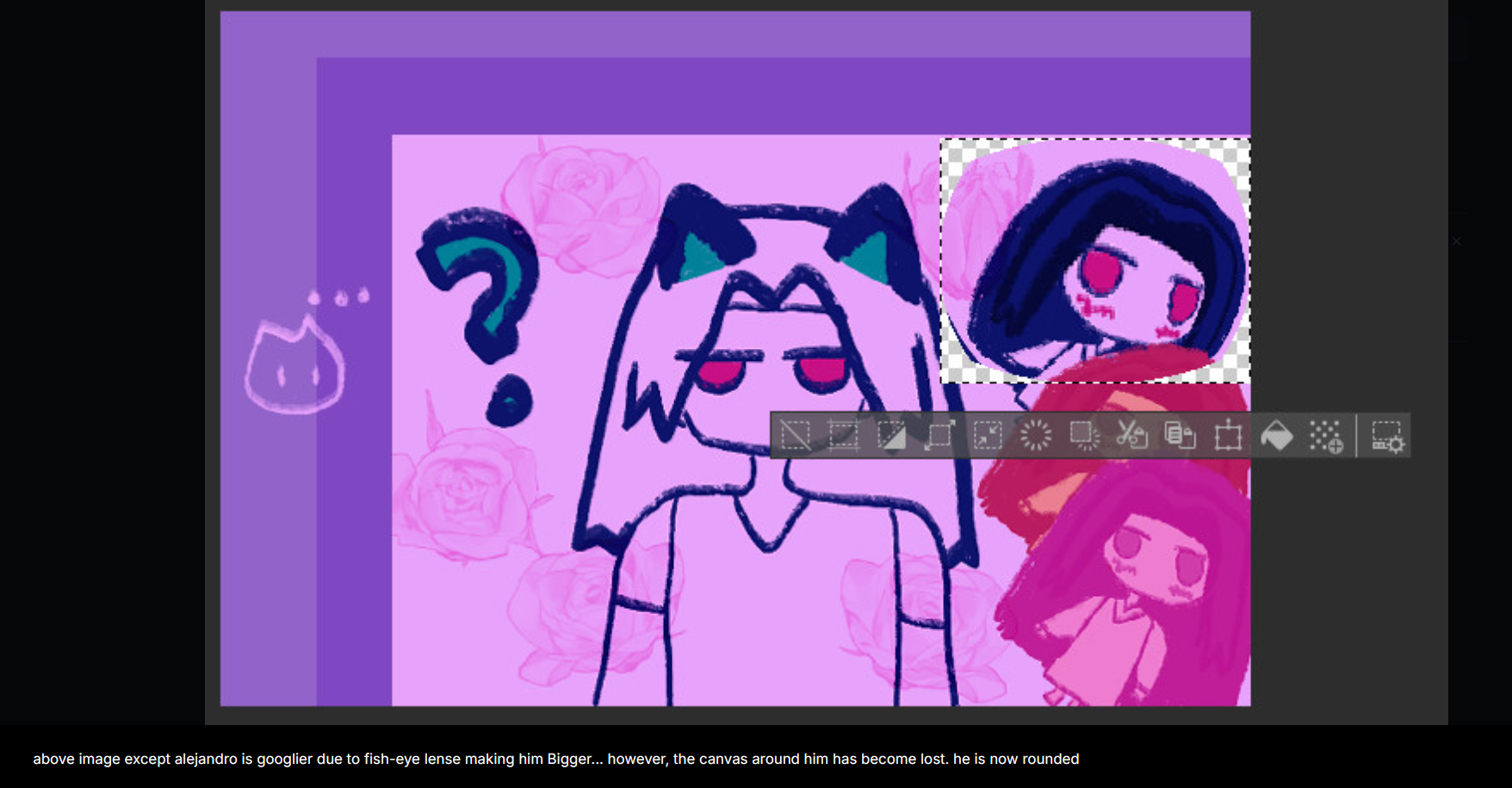 the main focus is my forgetting how i alt texted the image 'above image except alejandro is googlier due to fish-eye lense making him Bigger... however, the canvas around him has become lost. he is now rounded'. the main image alt text was originally 'Lavender side frame because Bsky sucks at small images now. Tiny blob kitty that's light pink staring at the scene going '...' Shojo manga roses atop of the image. A manga-esque cartoony Antonio with a blank stare and question mark as he has beautiful black cat ears on his head (real). Alejandro is leaving the ethereal plane and possibly about the faint behind him, as shown in a slow fall of multi-colored chibi alejandros who look like they're about to leave the ethereal plane over kitty ears Antonio. This includes Alejandro blushing.'