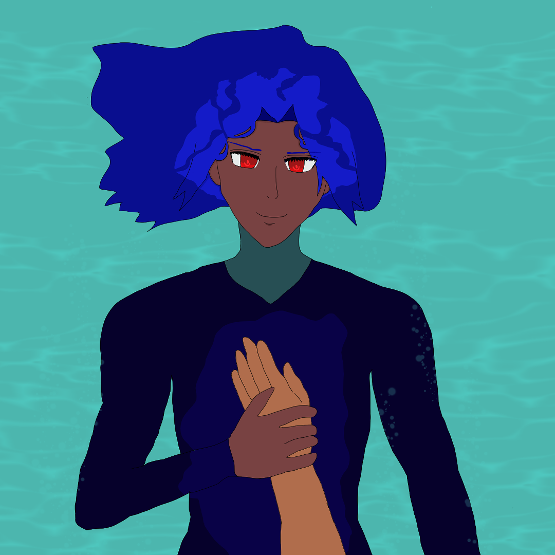 Antonio pulling Alejandro's arm against his chest, holding it. Antonio is smiling with furrowed brows at Alejandro while mostly submerged back against the ocean, with only his face and part of his head unsumbmerged. His shoulder-length blue hair is drifting in the water, and what's underneath the water is darker or bluish, including his diver-like dark blue suit, his skin and his hair.