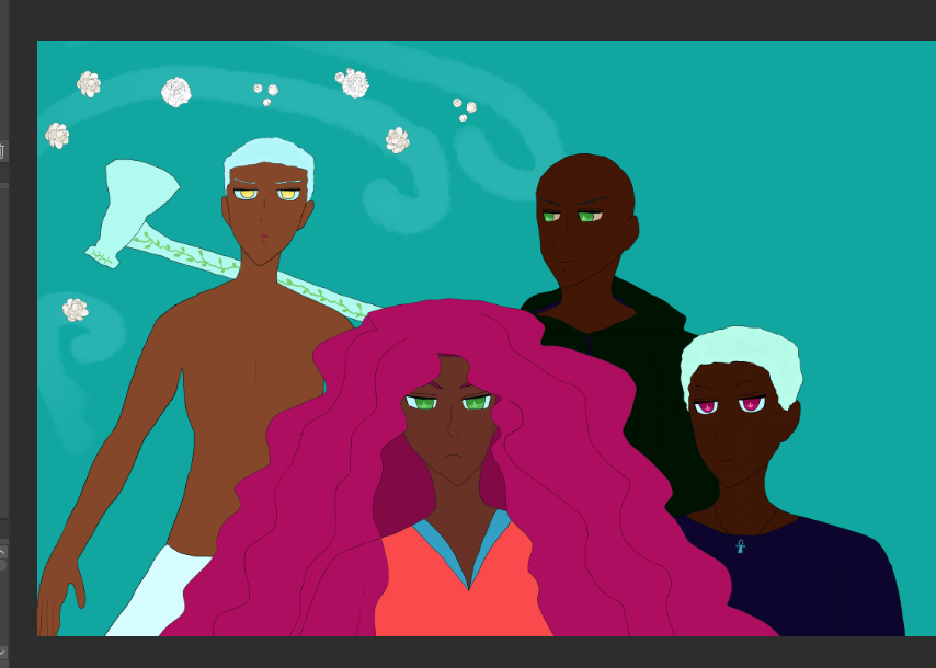 left forefront of the canvas has sketch of leila hadid-salah with wavy hair that falls everywhere, an intense frown and serious gaze. she wears a v-neck.

upper left part of the canvas has sketch of nasir hadid-salah, who is staring upward while wearing a schenti. he has furrowed brows and very short cropped afro. he has an axe on his shoulder, shown behind him.

upper right part of the canvas has shakir, who is smiling toward nasir, is bald and wears a cloak.

right forefront of the canvas has luna adebayo, who is staring a bit drolly at leila hadid, with short cropped afro hair and wears an ankh.

they're all black characters and part of a futuristic fantasy egyptian environment.

the canvas of clip studio is showing.