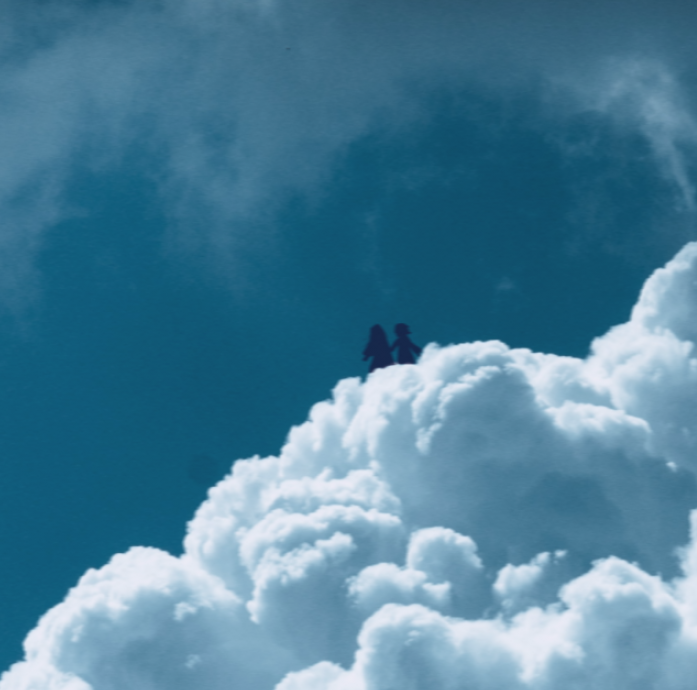 one of my first 'drawings' of aletono, except the background is a photo. it's the one where they're shadowed and skating atop white clouds surrounded by a teal sky and softer gray-ish clouds above.