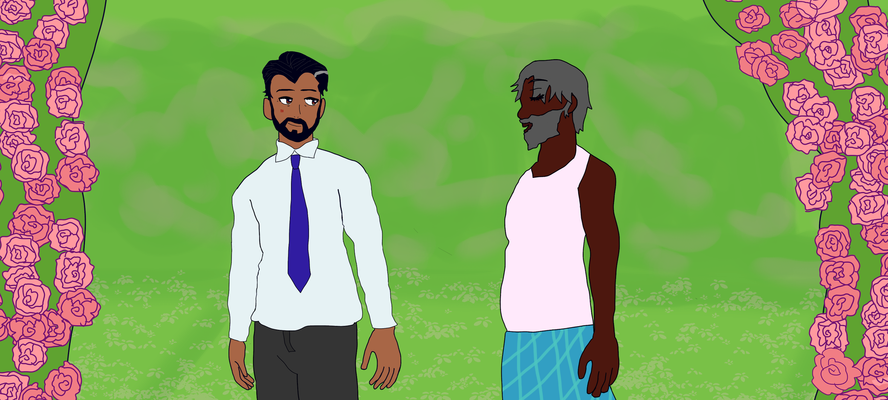 close-up of older armando and older ranvir respectively under a rose arch. the roses surrounding them are pink and darker pink upon a spring green arch. behind them are implied bushes with lavender flowers and a grassy lane with flower petals implied to have fallen on the grass. armando with medium light brown skin is looking at ranvir a little shyly with a slight blush; he has black pomade hair back with a gray streak and a beard and a lopsided smile. he wears a white shirt with a purple tie and gray pants. ranvir with dark brown skin is speaking to him with a smile on his mouth and is relaxed; he has short gray hair and gray beard. he's wearing a white undershirt and blue lungi with aqua stripes falling like water.