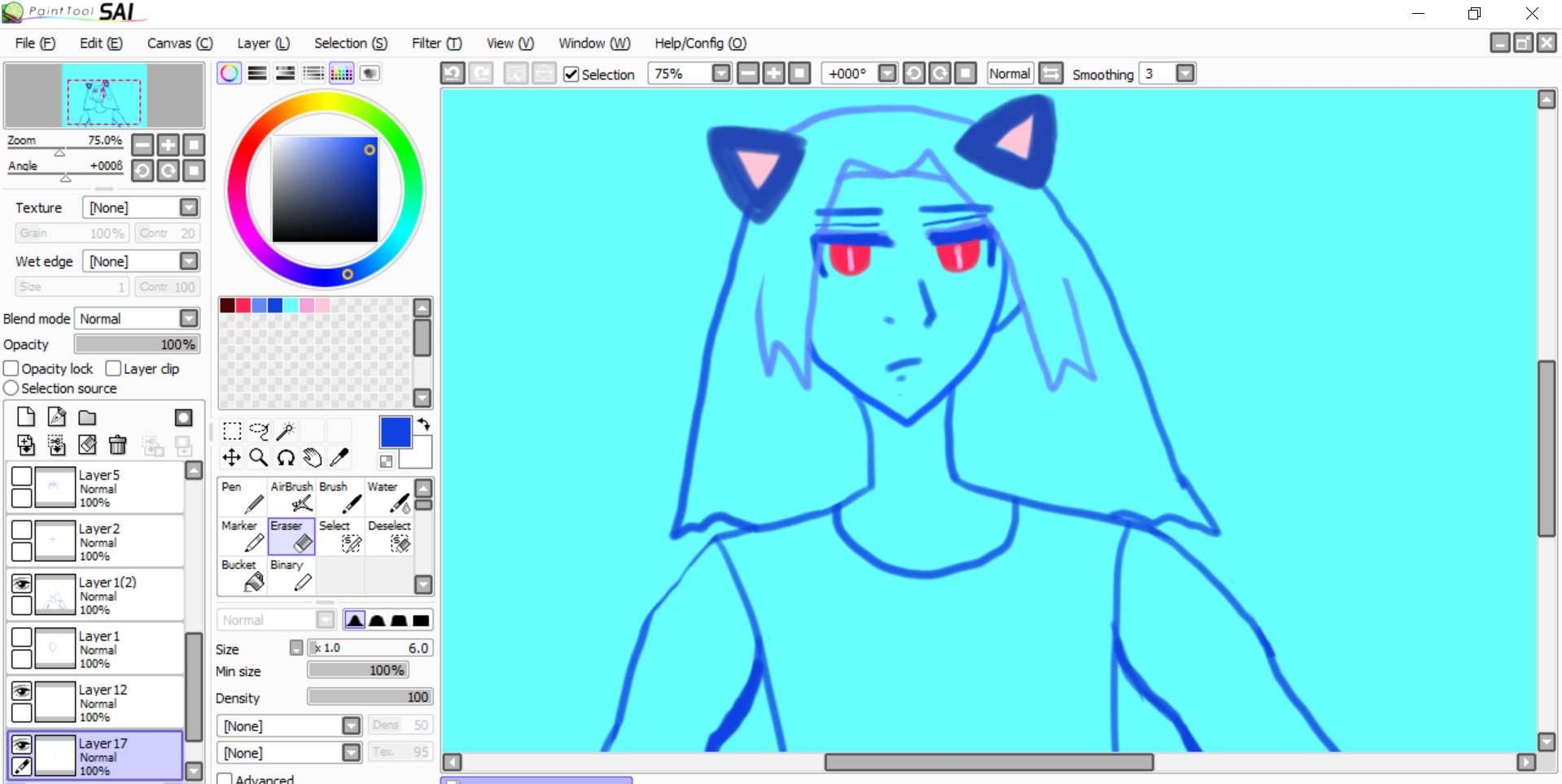 Catboy Antonio shenanigans continue with his rougeish fall of hair, catboy dark cat ears, red eyes and bemused expression. He has muscled arms. Light aqua BG. It shows Paint Tool Sai 1's layout.