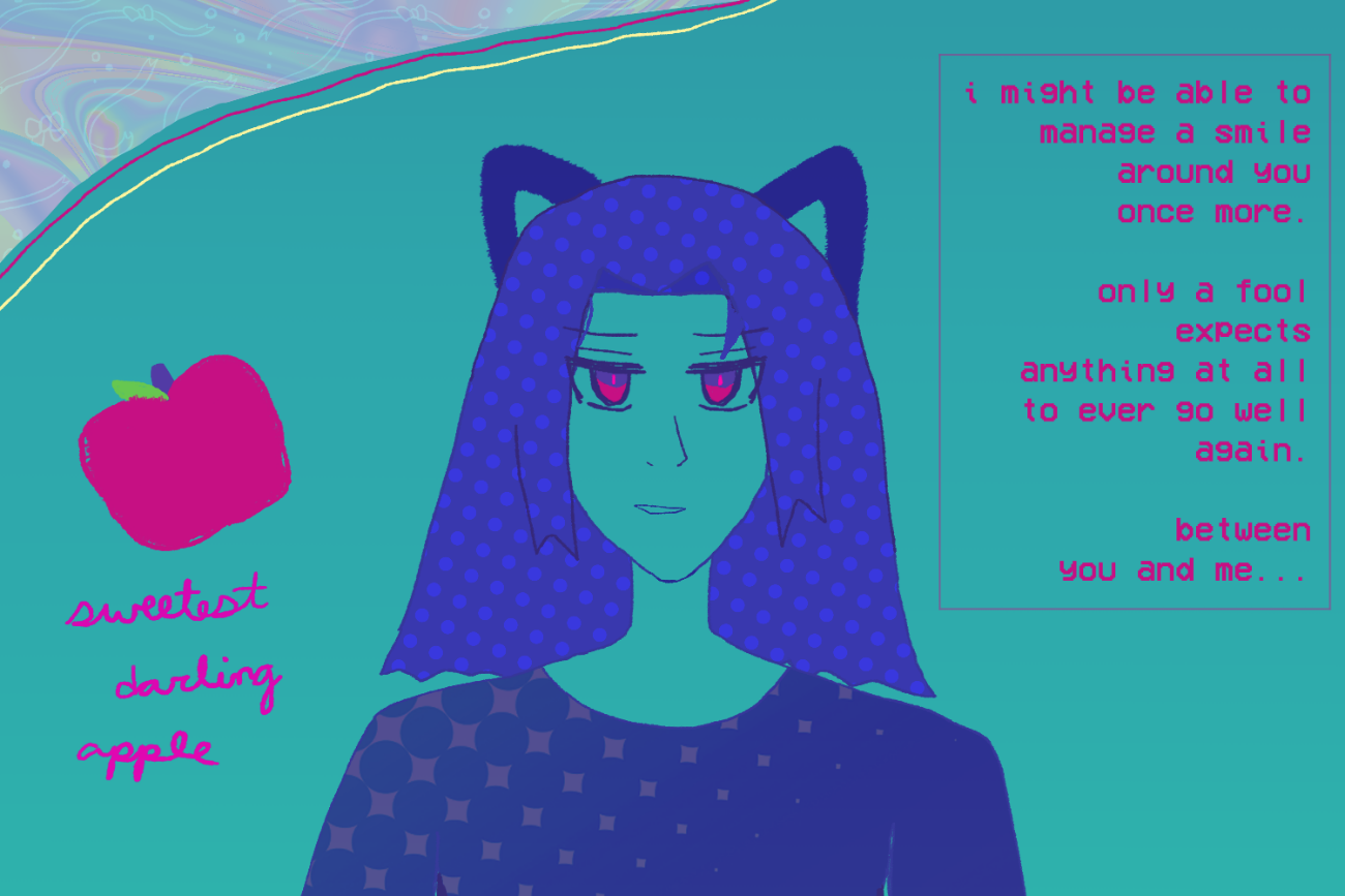 catboy antonio chandrani-rivera with some '90's computer graphics OR '80's aesthetic design style. the polka dots are dark in his blue hair like waves, there's a starry but dark pattern in his dark blue shirt or diver's suit, and he has cat ears. he's grinning with his red eyes low-lit and his fuchsia pupils a little noticeable. he has a breezy smiling expression. it says on the right in pink 'i might be able to manage a smile around you once more. only a fool expects anything at all to ever go well again. between you and me...' with a pink simple box surrounding the pixel font. on antonio's other side there's a pink-red apple that says 'sweet darling apple' underneath it and above him to the top left there's '80's style vaporwave pastel liquid with ribbon patterns atop of it. the bg is aqua-teal.