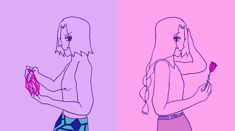 Image description:

On the left in lavender is Antonio who is looking back irritably with a visible red eye, a frown and furrowed brow. He's without a shirt, and holding fuchsia threads doing some sort of cat's cradle, as well as wearing an aquamarine-and-blue lungi. On the right in pink is golden-eyed [implied thru the egg yellow] Fernando who is looking back with a long braid and easy smile, holding a fuchsia rose. He's wearing a form-fitting tanktop and a lavender belt and light violet-looking pants.

End image description.