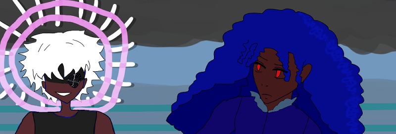layla with implied chatter vs light rays and alia looking at her with a frown. layla has white wavy hair, is reddish brown in skintone, and grayed out expression aside from a smile, along with her black eyepatch with esoteric symbols on it and silver theads. alia is dark brown in skintone, has red eyes and curly dark blue hair that falls around her and wears a dark blue suit-like clothes with steel blue frills along the collar. the background is of the ocean with dark skies.