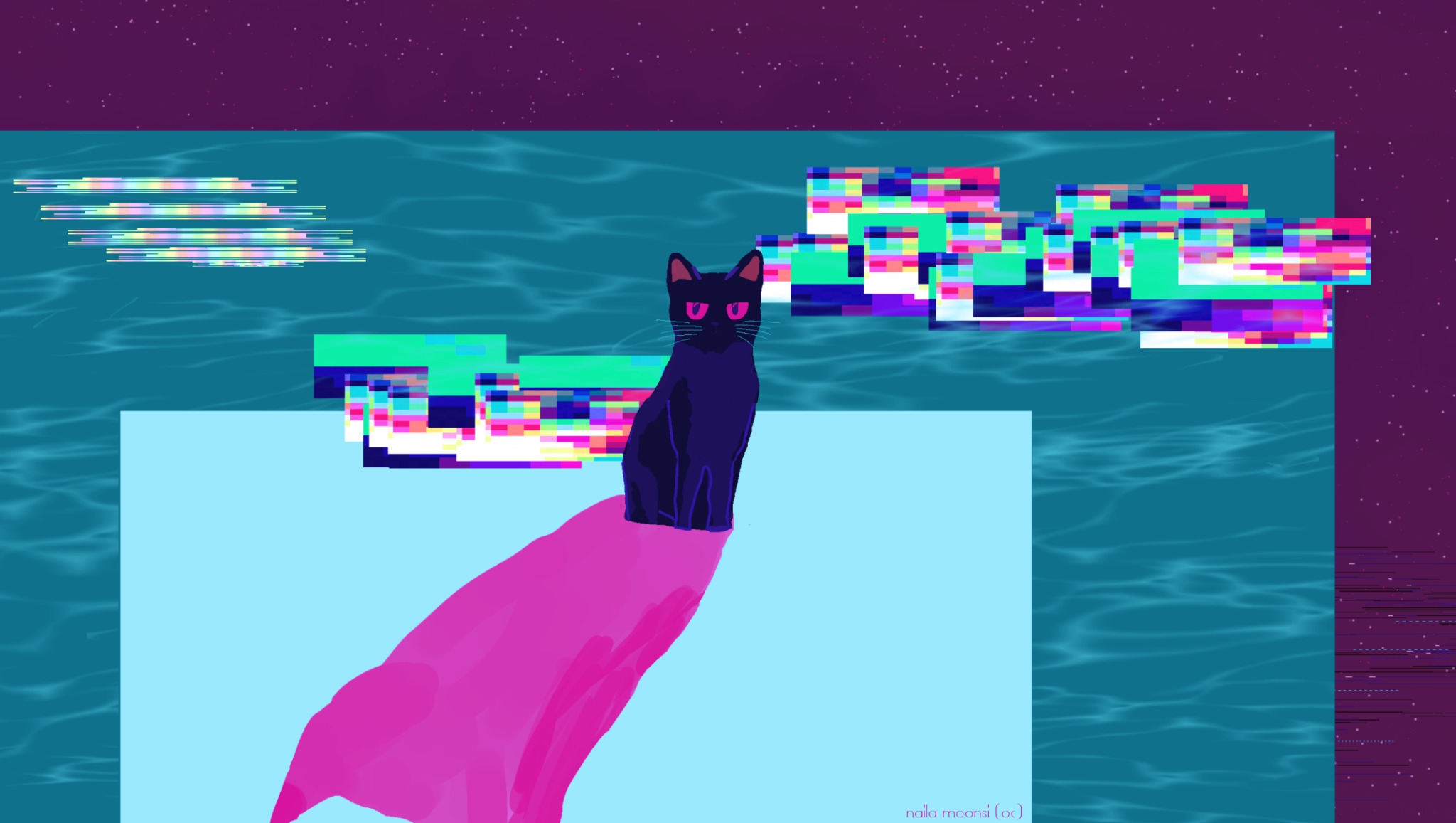 The implication of a character as a black cat with fuchsia eyes, peering curiously, in a strange space with aqua water behind them and rainbowing glitches touching everything but the cat and their fuschia shadow. Violet space is behind the aqua water.