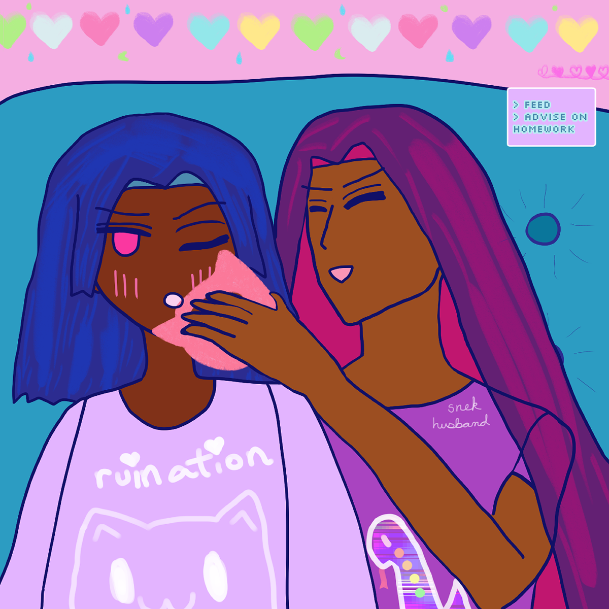 Alejandro is feeding Antonio a pink kitty doughnut! Antonio has blue hair like waves, brown skin, and a fuchsia pink eye open with another eye closed. He's blushing softly. He wears a lavender sweatshirt that says 'ruination' with hearts and has a nyanya smile kitty on it. The Alejandro who is feeding him the donut has light bronze skin, happy closed eyes, an open-mouth cheery smile, falling red-violet hair, and wears a violet shirt with a chibi snake with its pink forked tongue out. It's slightly rainbowing with a few dots that are red-orange, orange, yellow and green. It says 'snek husband' on the top part of his shirt. They're sitting on an aqua restaurant seat. Above there's a bunch of ranbowing hearts and an aqua waterdroplet and light green moon and dots interchanged as design work. There's a loopy notebook pink heart design at the end. There's a lavender prompt box by Alejandro's feeding Antonio the pink kitty donut that says in pixel font 'feed' or 'advise on homework' in teal with aqua-bordering.