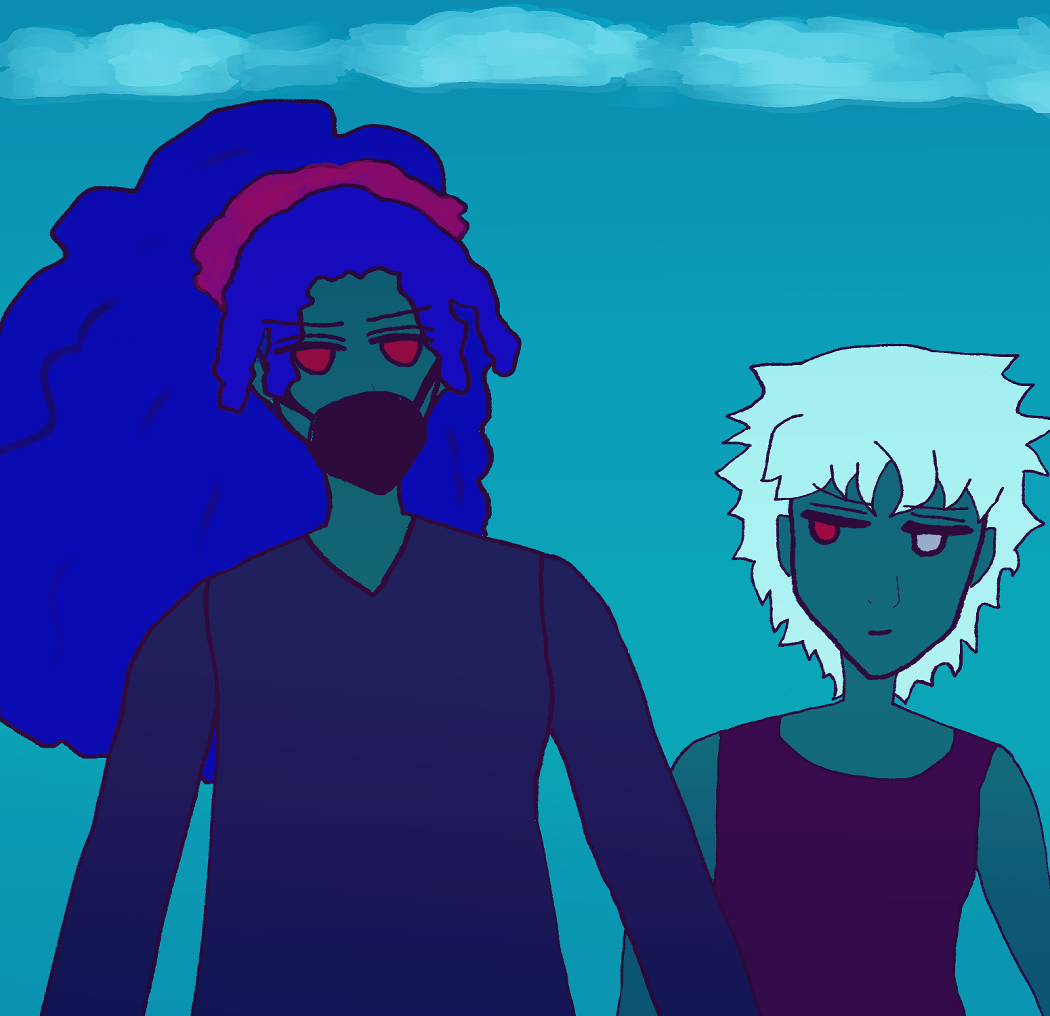 alia has her curly, voluminous blue hair in a ponytail that's behind her, wears a black face mask, and peers broodily with red eyes at layla. layla has red-and-silver eyes, a tiny smirk, eyebrows drawn, and wavy silver hair. alia wears a long-sleeved dark blue shirt and layla wears a dark violet tanktop. there's clouds behind them and a bright teal blue canvas implying skies. their skintones are represented with a darker teal.