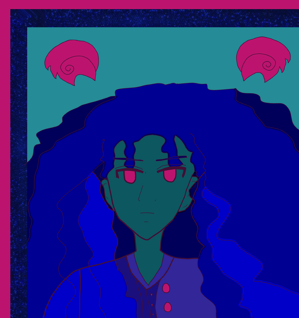 Alia Atif-Akinyemi with drifting curls that are darker and brighter hues of ocean blue. Her skin is implied darker teal than the teal of the sky. Her eyes are a fuschia pink that matches the fairytale-like cartoon-ish angel wings above her. Her expression is mildly irritated or stoic. Her coat's colors are blues and sudden fuchsia via the buttons. Behind the teal of her and her BG, there's are further backgrounds that act as frames on the left and top side that's dark blue glitter and then fuchsia.