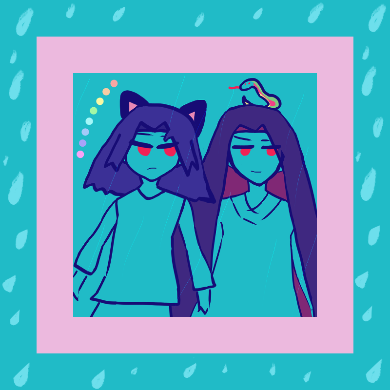 sketchy art. antonio chandrani-rivera with blue hair like waves is judging with red eyes toward the side somewhere and is being a catboy who has cat ears. his snek boyfriend alejandro altaha is also judging with red eyes to the side with a more sure look and smile, with long violet hair that stands for black and a snek atop of his head that has green, reddish pink and yellow color. there's dotted rainbow pattern near antonio. there's the implication of rain on them and a frame i made around them that's lavender then the same aqua blue bg color with ligher blue rain droplets everywhere.