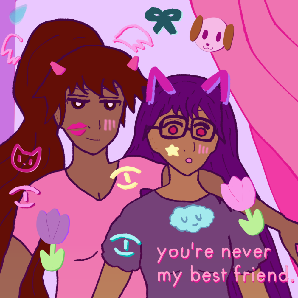 Jasmin and Maria are taking a photo together in a purikura booth with stickers all over! Jasmin has a long flowing brown ponytail that's rather long, medium light brown skin, dark regular brown eyes with eye-lights in them, and wears a pink shirt. Her main stickers are angel wings by her ponytail, devil horns on her head, a pink lipstick kiss, a pink blush sticker, and a dark pink kitty on her ponytail, a pink-red eye sticker and golden eye-sticker on opposing parts of her shirt. There's a purple tulip sticker by her too. Above her is a water droplet sticker and a green ribbon sticker. Maria has long falling dark hair that Jasmin has weaved past to throw her arm around her. Maria looks surprised, with red eyes, light bronze skin and an 'o' mouth. She wears a dark violet dress. Maria's main stickers are pink-purple punk cat-like ears, a golden star sticker on her cheek, a fake pink blush sticker on her other cheek, a pink tulip over her and Jasmin's arms, a light blue cloud sticker with a closed eyes smiley face, and an aquamarine eye sticker by her sleeve. It says 'you're never my best friend.' in pink at the bottom right where her dress is. Above her is a green ribbon sticker, and by that there's a pale smiling puppy sticker with dark pink-violet eyes and nose and mouth and light brown ears. By Jasmin and Maria is a soft pink curtain. The BG is lavender.