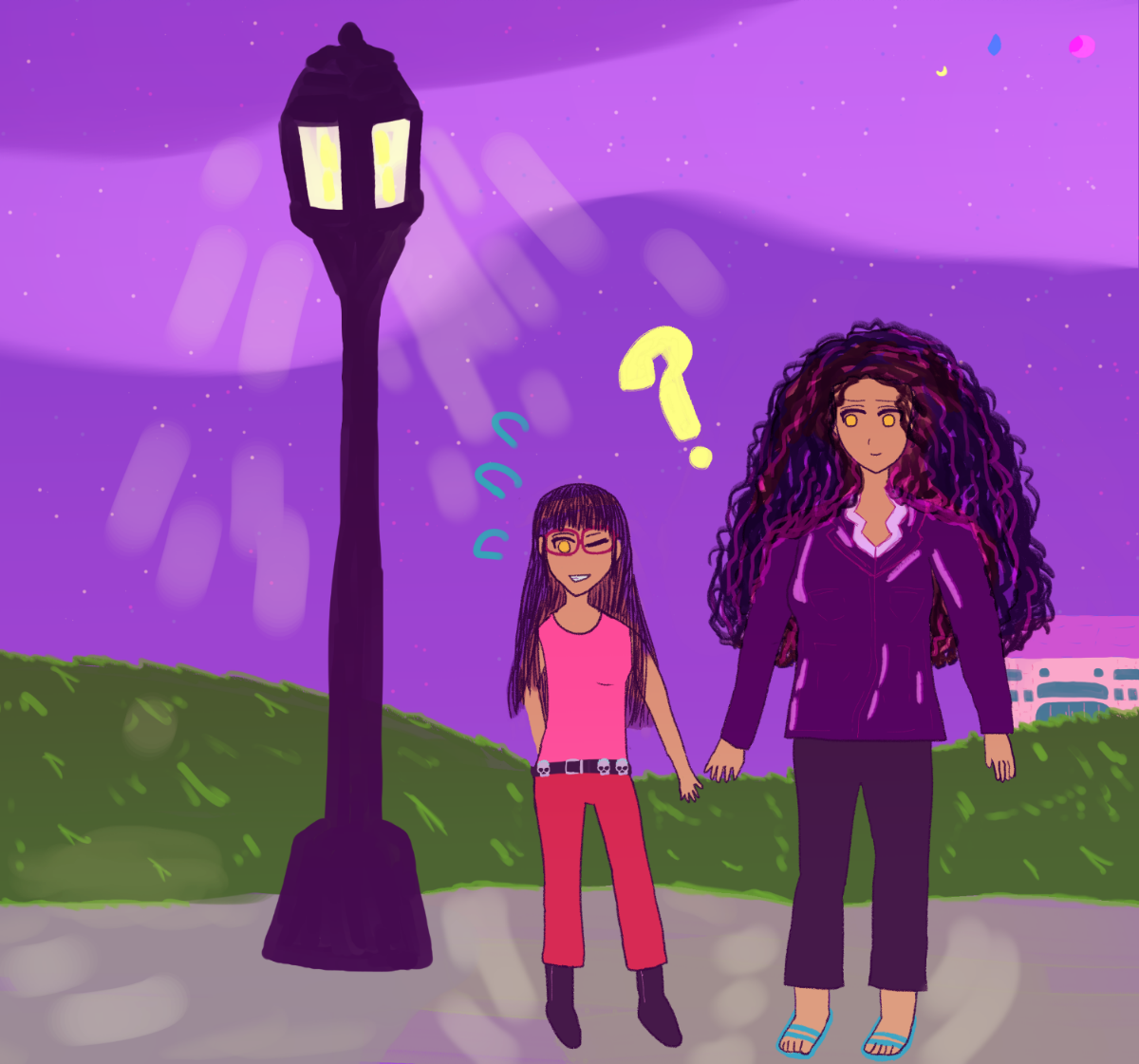 liliana wears a pink shirt, hot red pants, skull belt with diamonds on them, black boots and red glasses. she grins with anime sweat drops flying, trying to go near rosalia's hand with her own. rosalia is larger, has fluttery curly black hair that is everywhere, wears a leather jacket, dark pants, and aqua sandals. she has a bright yellow question mark by her smiling face, questioning wtf is happening. they both have golden eyes. they're under a bright street lamp's light and near a pinkish university building with aqua windows and doors. the bg is a violet night sky with three moons showing, one bright yellow, one sky blue, one magenta with a crescent showing.