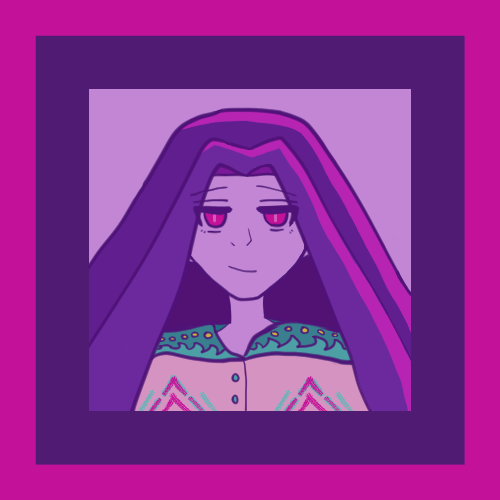 alejandro looking a bit breezy or cocky with a smile, fuchsia eyes and violet-toned hair. his tunic is colored pink with a huichol-style pattern that has aqua sea and sun designs along the shoulder as well as diamond-style pink and aqua shapes upon the chest with aqua buttons. the background is lavender, dark violet and fuchsia.