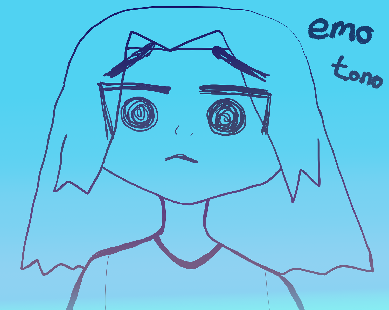 tono with blue hair like waves looks a little more punk with whirly dark eyes and more intensive lines at certain points, alike to 2000's emo aesthetics with bolder lines often seen. the color is a soft sky blue gradient.