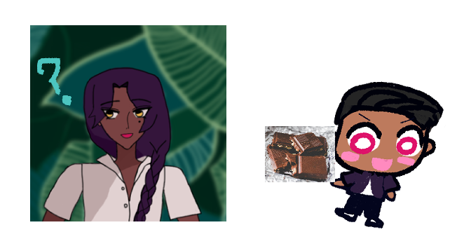 clip art type of material with my own art of fernando and chibi diego where chibi diego is trying to give fernando chocolate and fernando has an aqua question mark by his face. the chocolate is a stock-photo of four dark brown chocolate squares on silver foil. fernando description: Fernando Chandrani with dark hair that falls in front of him as a long braid, gold eyes, brown skin and a cheerful smile. He wears a white shirt with buttons undone. Behind him is green foliage with various large leaves. diego description: Diego is drawn as a chibi with black hair pulled back, round excited fuchsia eyes with white centering, little pink round chibi blushes, and a cute chibi :D smile. He wears an implied violet jacket and black pants.