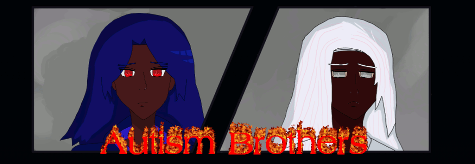 antonio chandrani-rivera with blue hair like waves, red eyes and brown skin looking sadly at raj rivera with anime silver hair, dark brown skin and silver eyes and it says AUTISM BROTHERS with fire from the letters like the best of '90's gifs