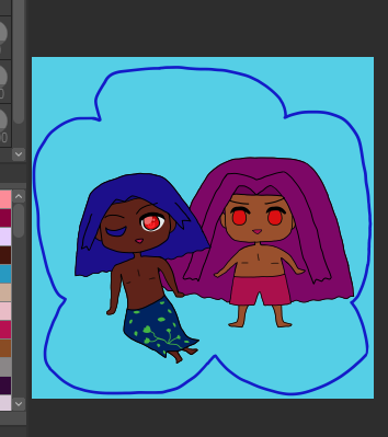 in-between panel of antonio and aleajndro's acrylic charm where alejandro has no colors but base colors and looks extremely ready and excited to swim or be next to antonio whose red eye is extremely sparkling at the audience, unlike alejandro who is just base colors and v excited
